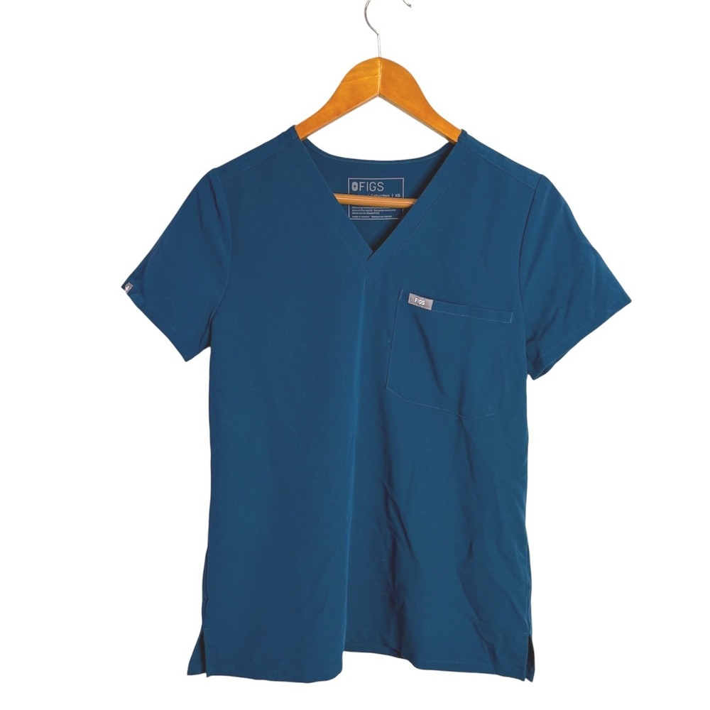 FIGS Catarina Scrub Top Women XS Blue V-Neck Single Pocket Short Sleeve PO# 4772